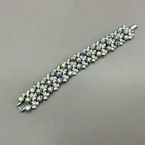 Vintage Coro Bracelet Aurora Borealis Rhinestone Silver Tone Floral Wide 7.5"